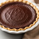 Chocolate chess pie in a white pie dish and a light brown napkin beside it.
