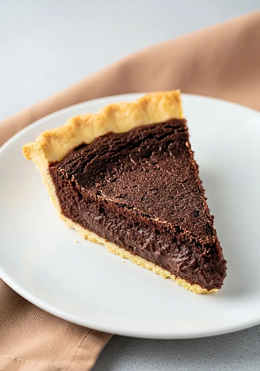A slice of chocolate chess pie on a white plate.
