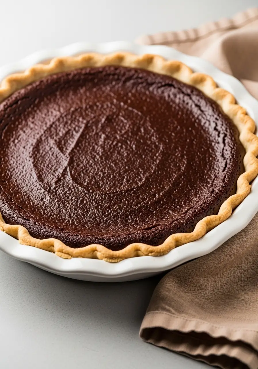 Chocolate chess pie in a white pie dish and a light brown napkin beside it.
