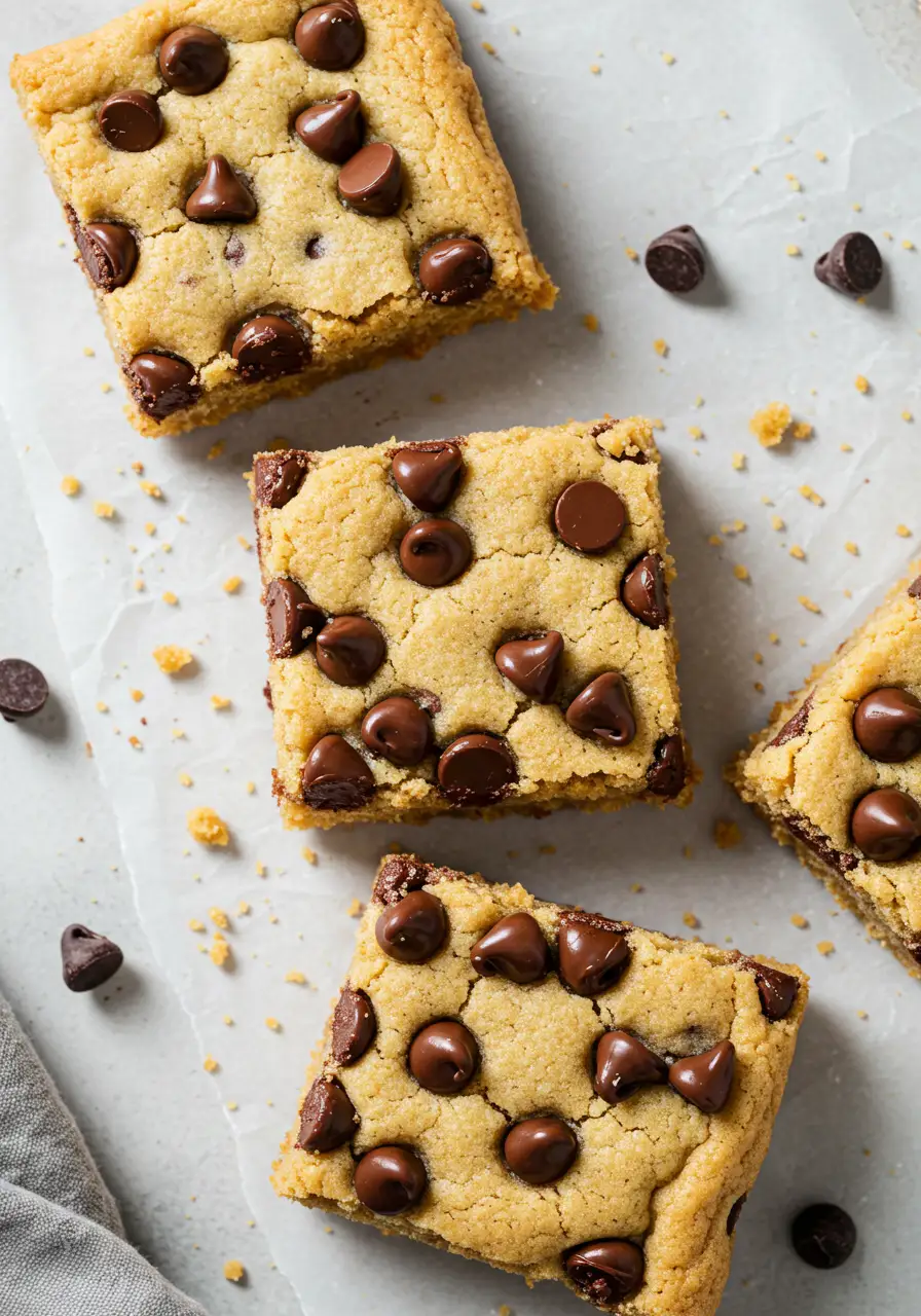 Chocolate chip cookie bars on a white surface.