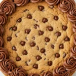 Chocolate chip cookie cake on a white marble plate against a light-yellow surface.