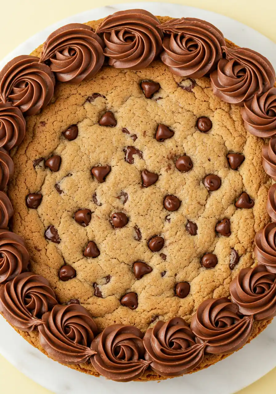 Chocolate chip cookie cake on a white marble plate against a light-yellow surface.
