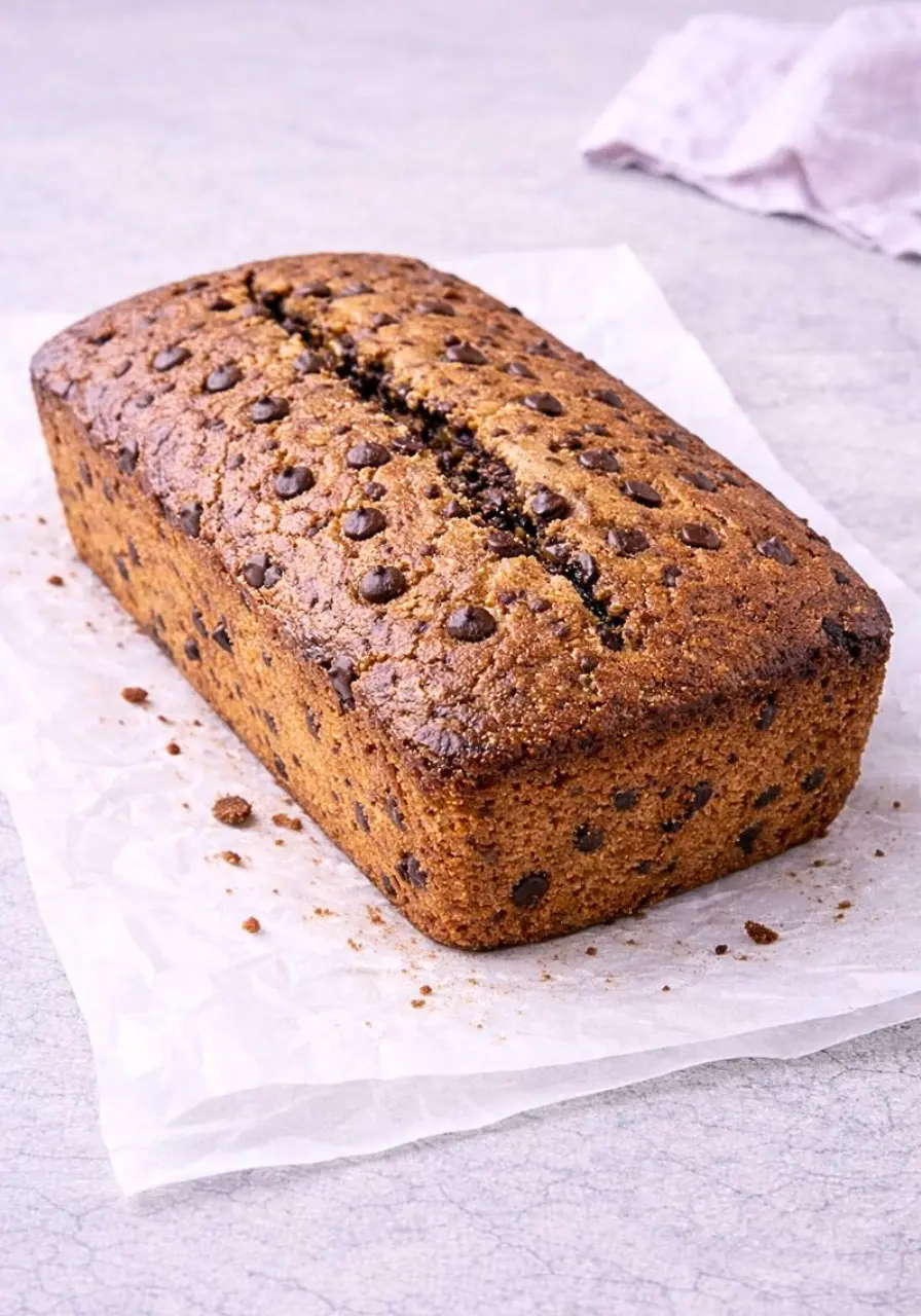 Chocolate chip loaf cake on a piece of parchment paper.