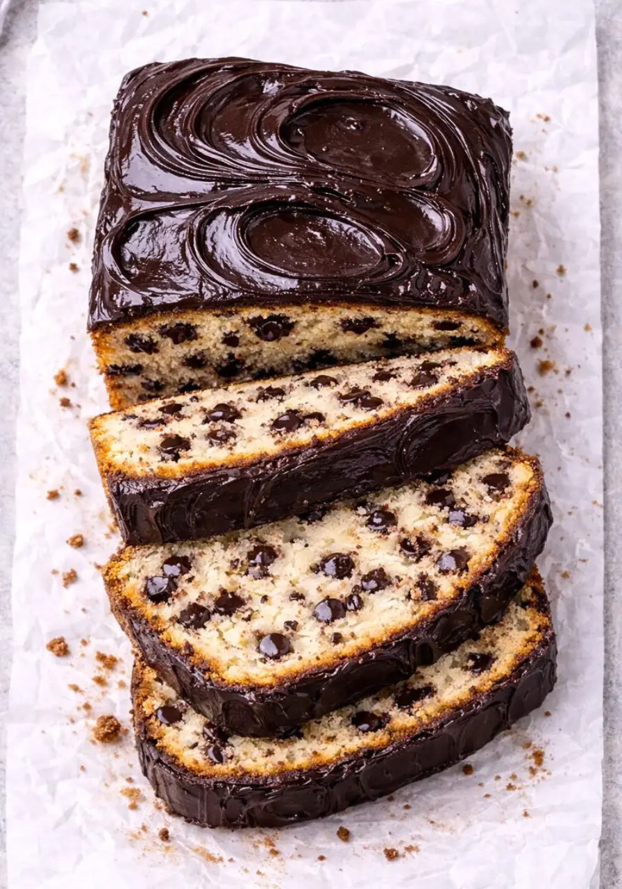 Chocolate chip loaf cake on a parchment paper and three slices are cut.