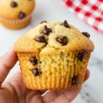 A hand holding a super soft chocolate chip muffin.