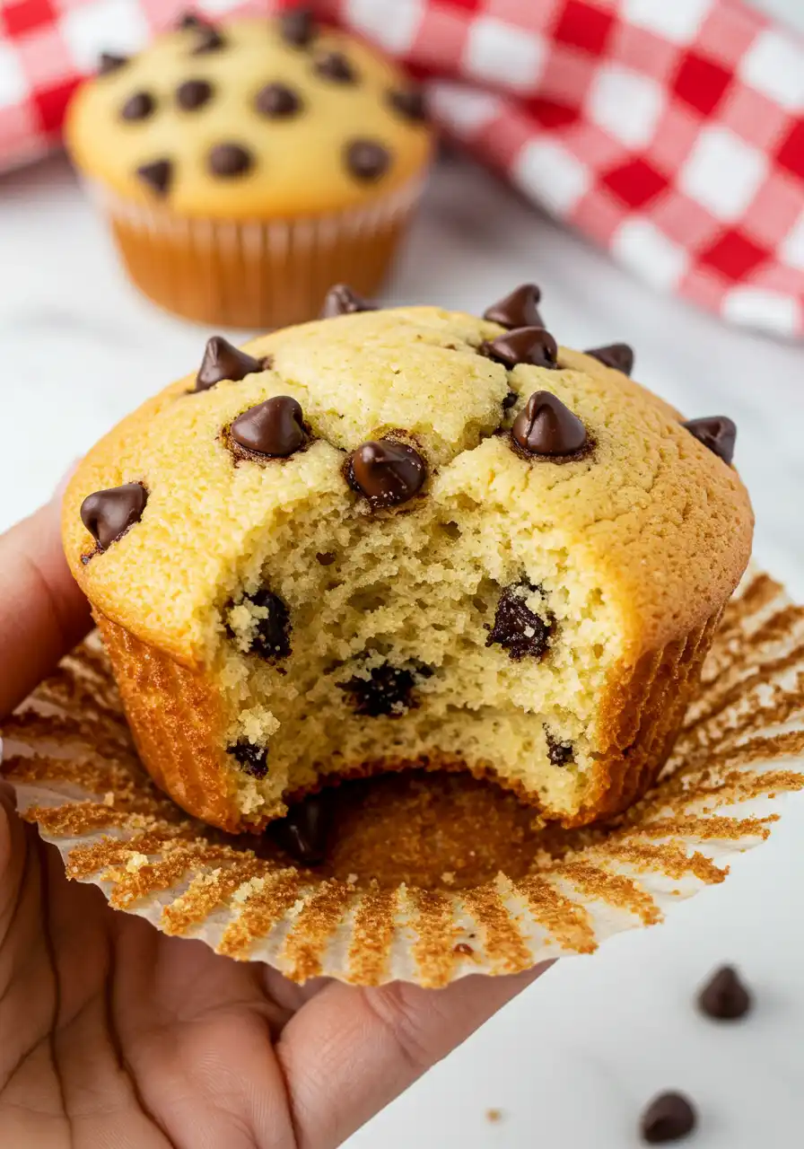 A hand holding a fluffy chocolate chip muffin with a bite taken out of it.
