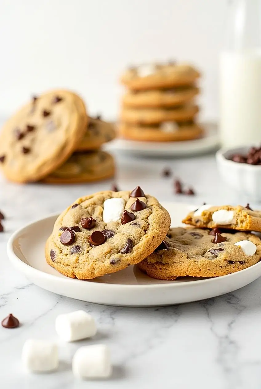 Chocolate Chip and Marshmallow Cookies, with one cookie having a bite taken out of it.
