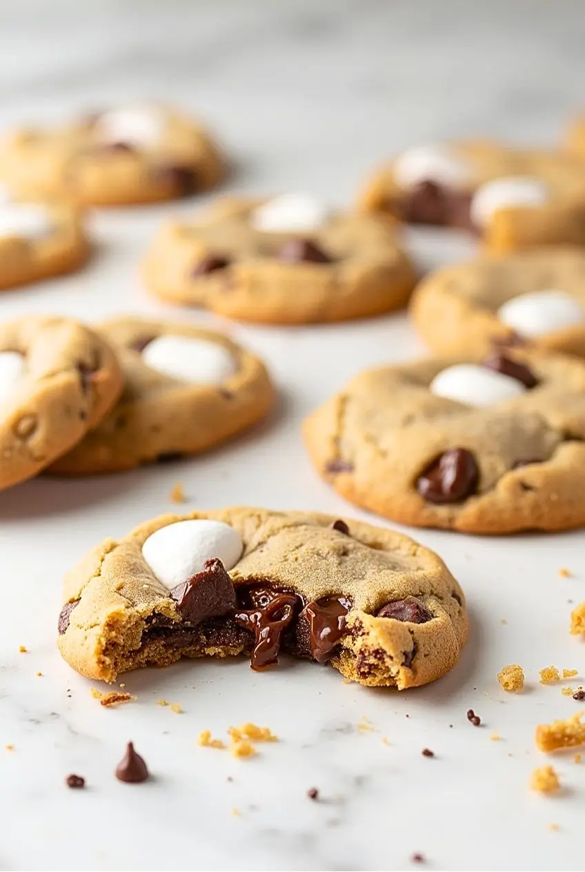 Chocolate Chip and Marshmallow Cookies, with one cookie having a bite taken out of it