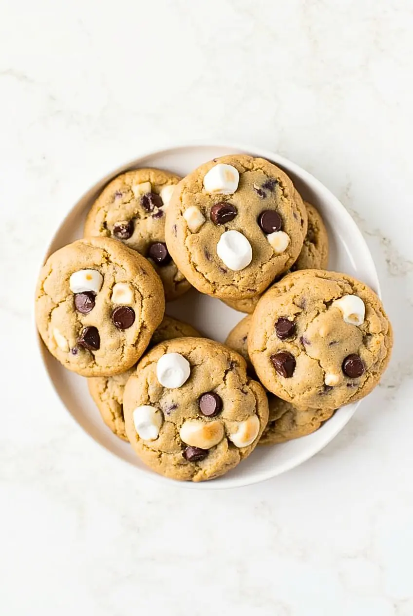 Chocolate Chip and Marshmallow Cookies on a white plate.