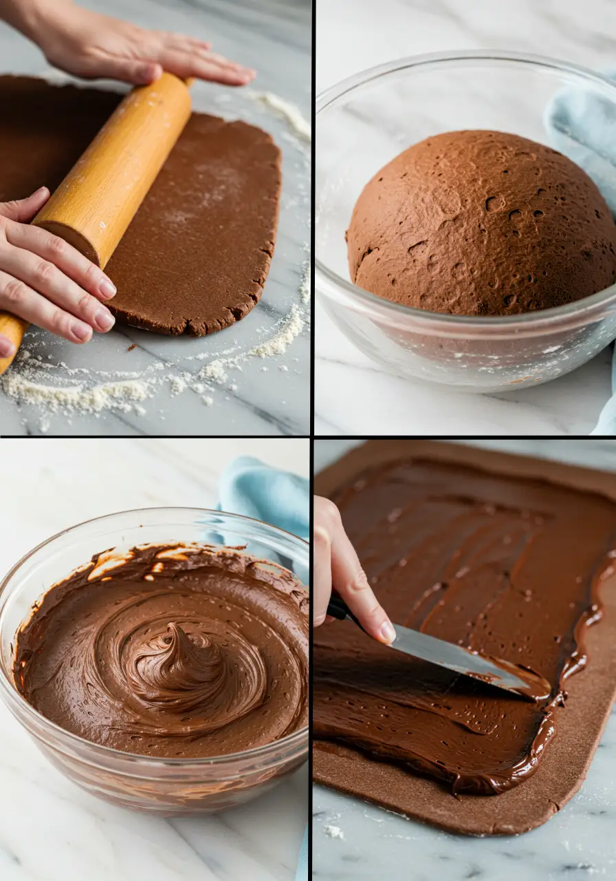 The steps of making chocolate cinnamon rolls.