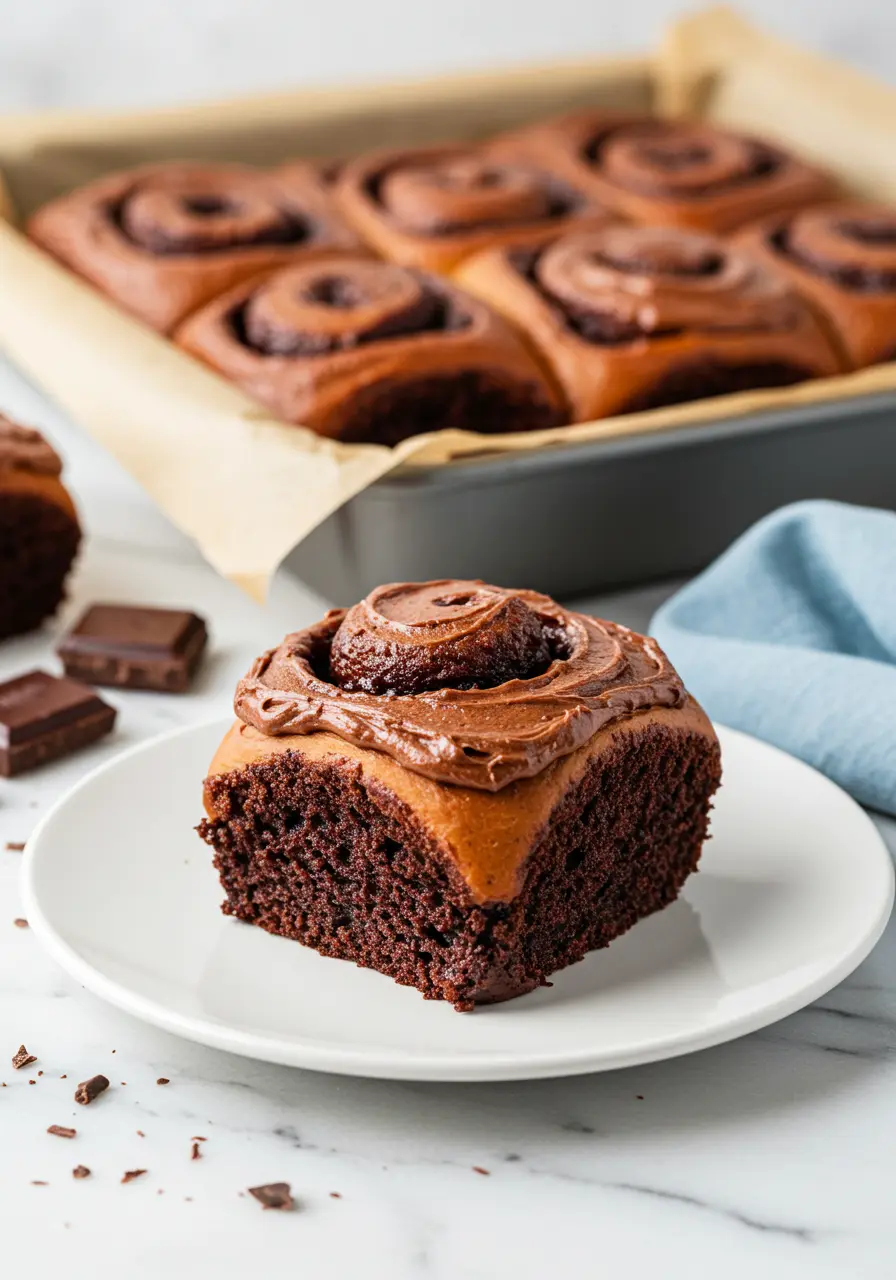 One chocolate cinnamon roll on a white plate.