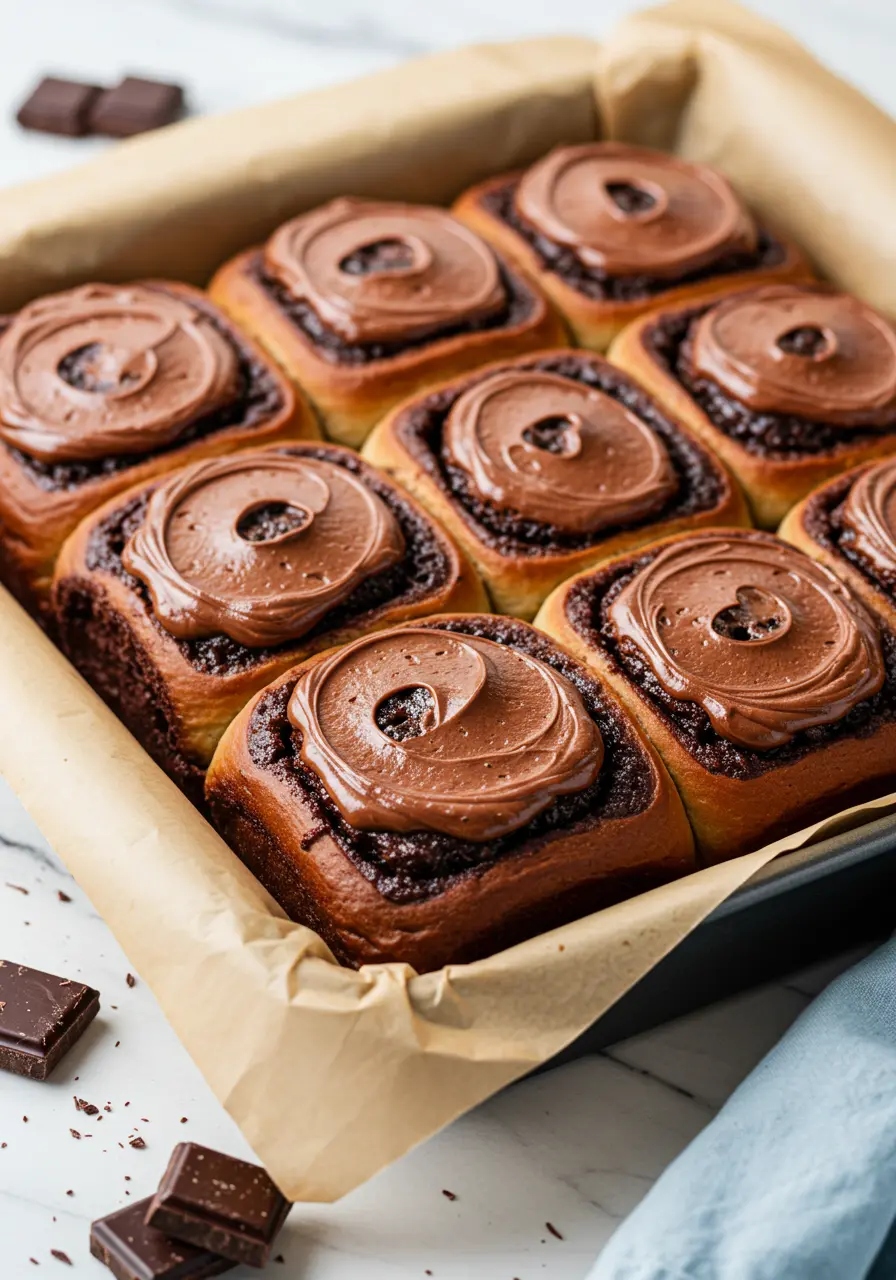 Chocolate cinnamon rolls in a lined baking pan topped with chocolate frosting.