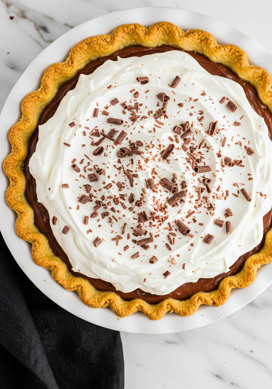 Chocolate cream pie in a white dish and a black napkin nearby.