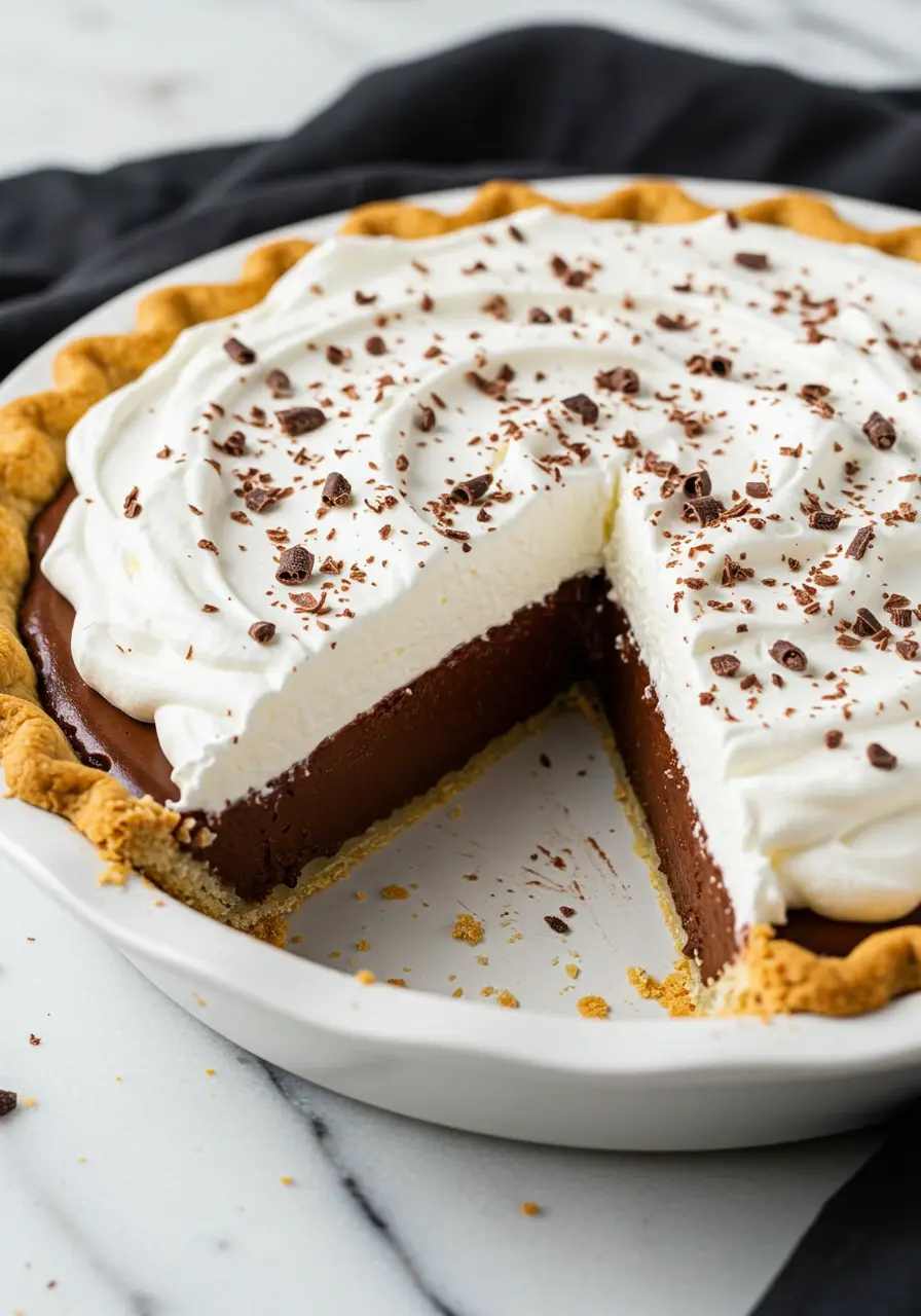 Chocolate cream pie in a white dish with a slice missing from it.