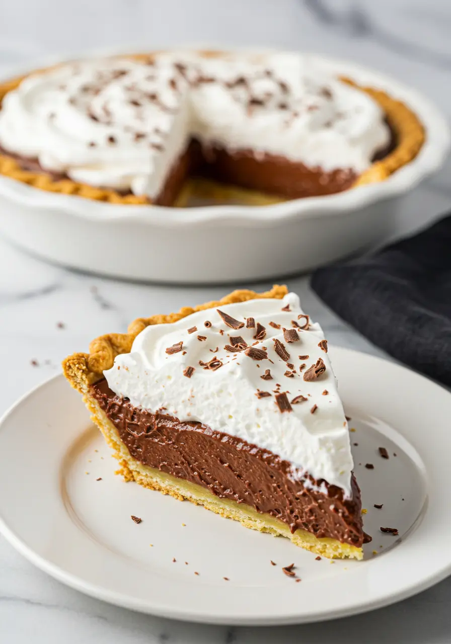 A slice of chocolate cream pie on a white plate.