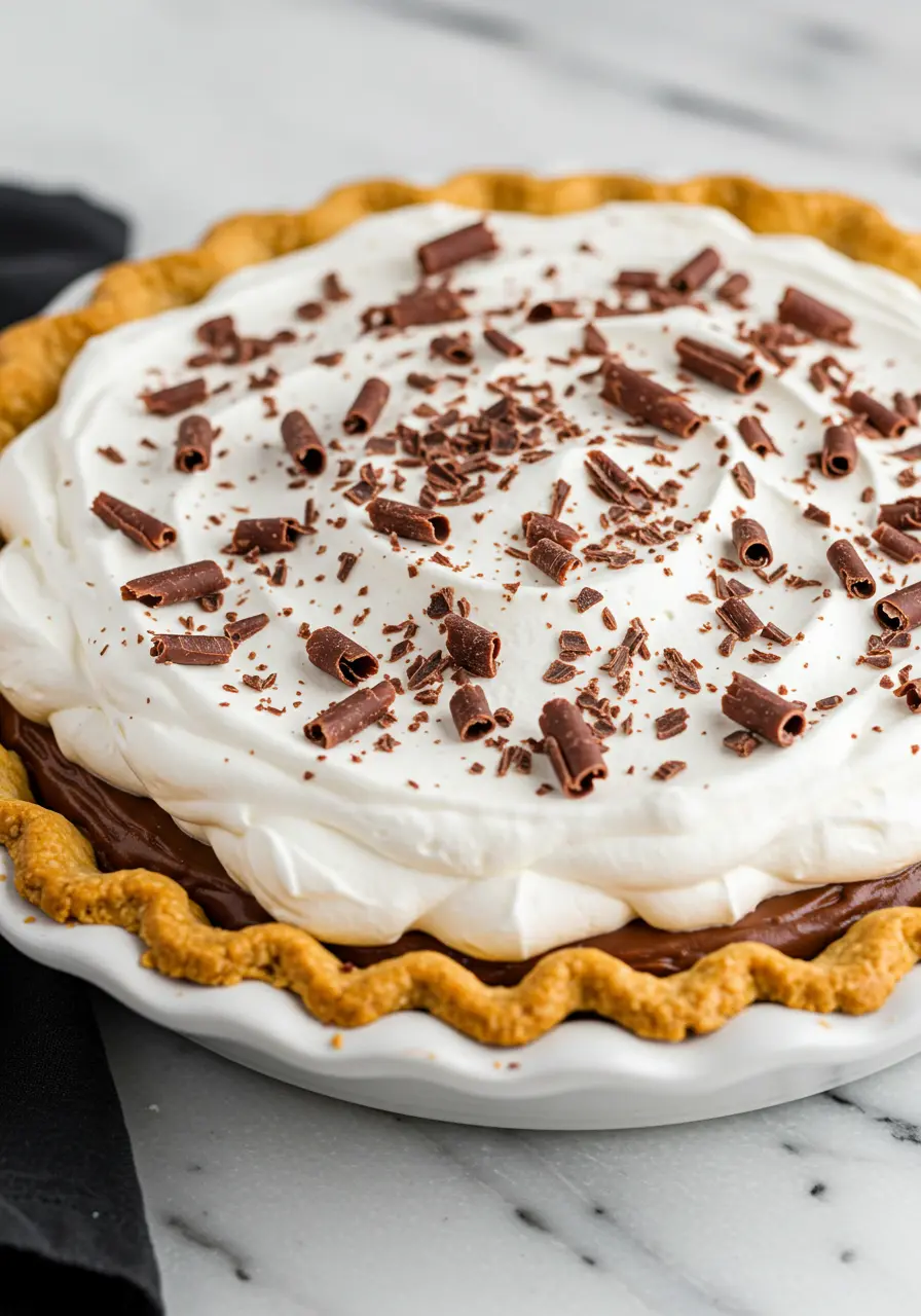 Chocolate cream pie in a white dish.