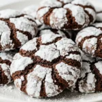 Chocolate crinkle cookies on a white plate against a white marble surface.