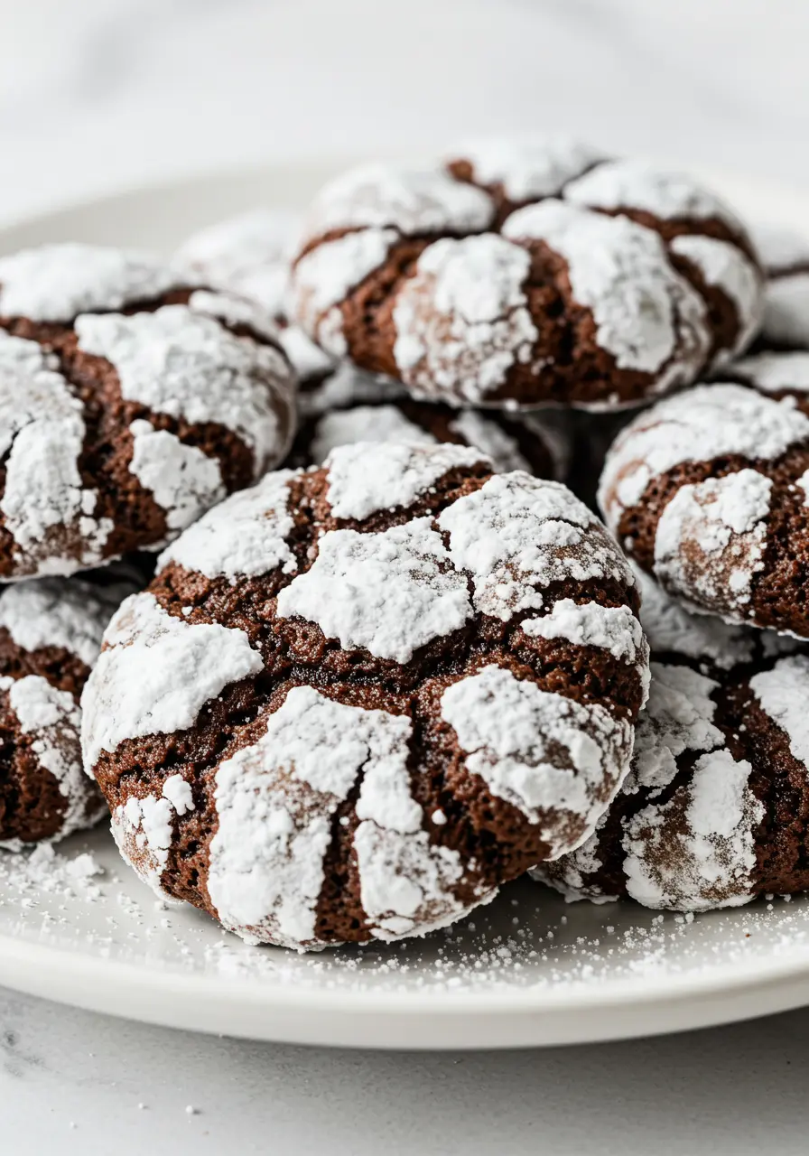 Chocolate crinkle cookies on a white plate against a white marble surface.