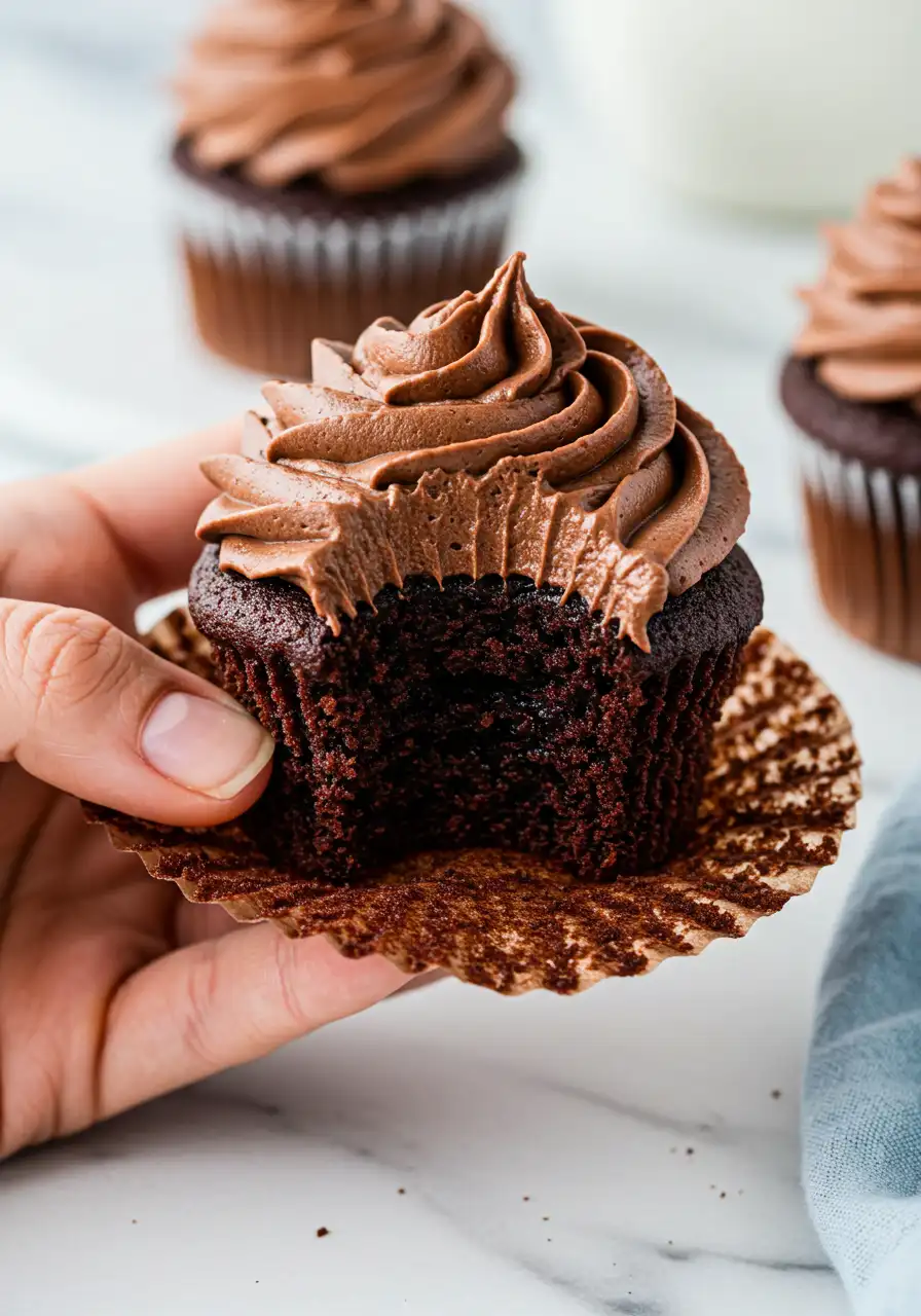 A hand holding a chocolate cupcake with a bite taken out of it.