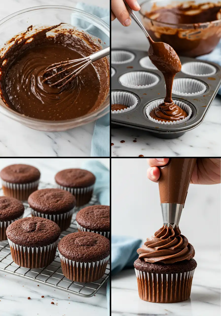 chocolate cupcake batter in a glass bowl, the batter is poured into the pan, the cupcakes cool down, and a hand pips the frosting on top of the cupcake.