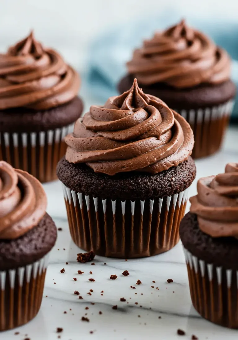 Chocolate cupcakes placed on a white marble surface.