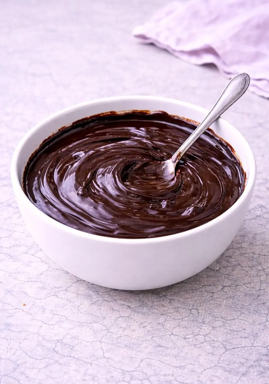 Chocolate ganache on a white bowl and spoon on it.