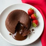 Chocolate lava cake on a white plate and a few strawberries beside it.