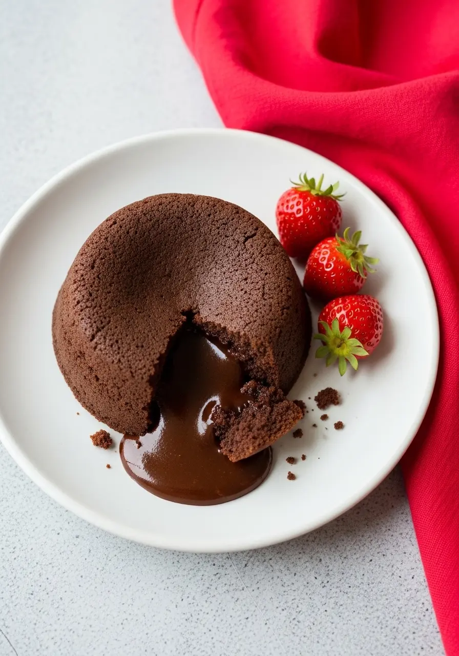 Chocolate lava cake on a white plate and a few strawberries beside it.