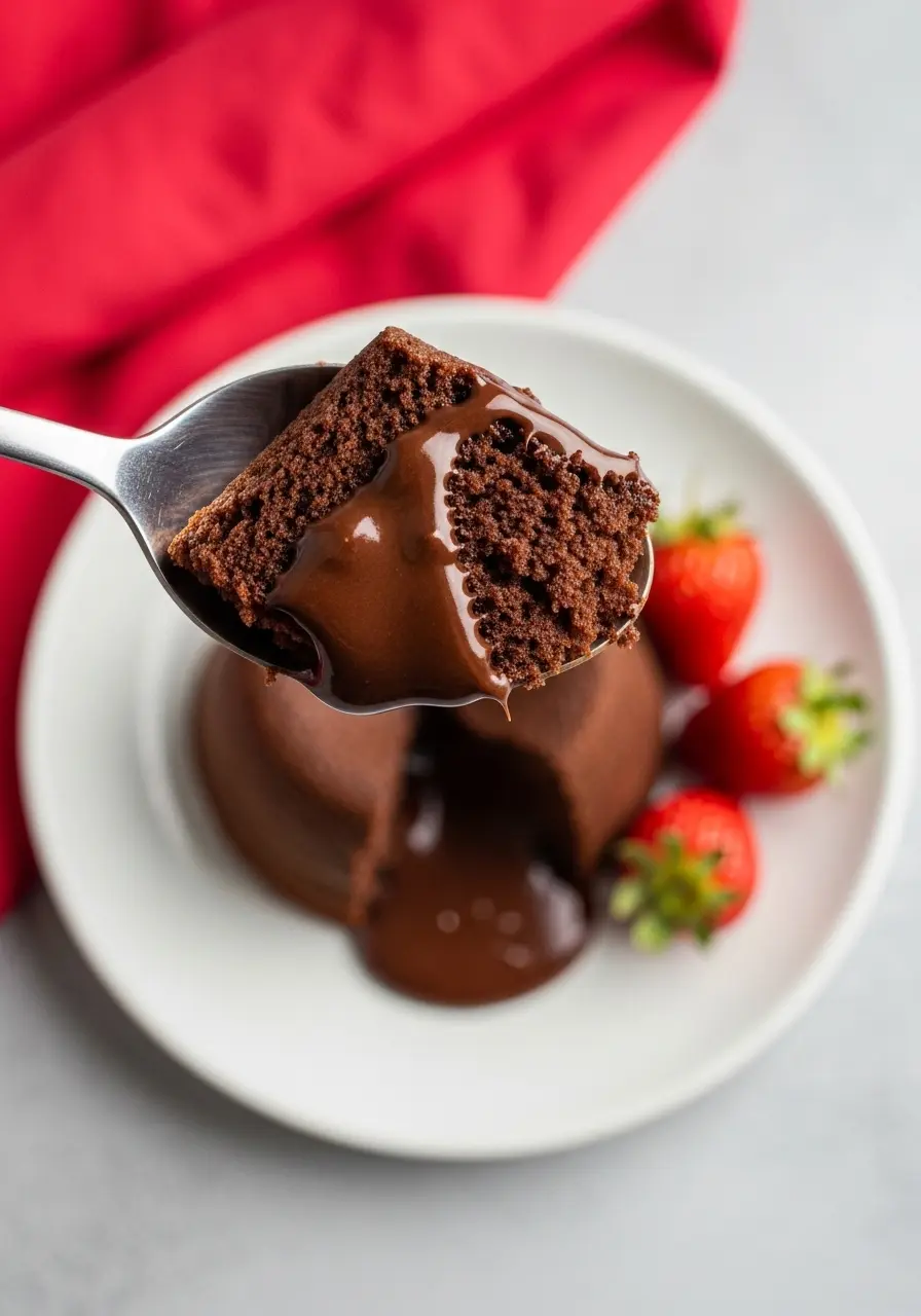 A spoon holding a serving of chocolate lava cake.