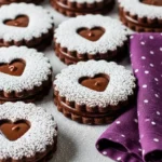Chocolate linzer cookies on a light gray surface and a deep purple napkin beside them.
