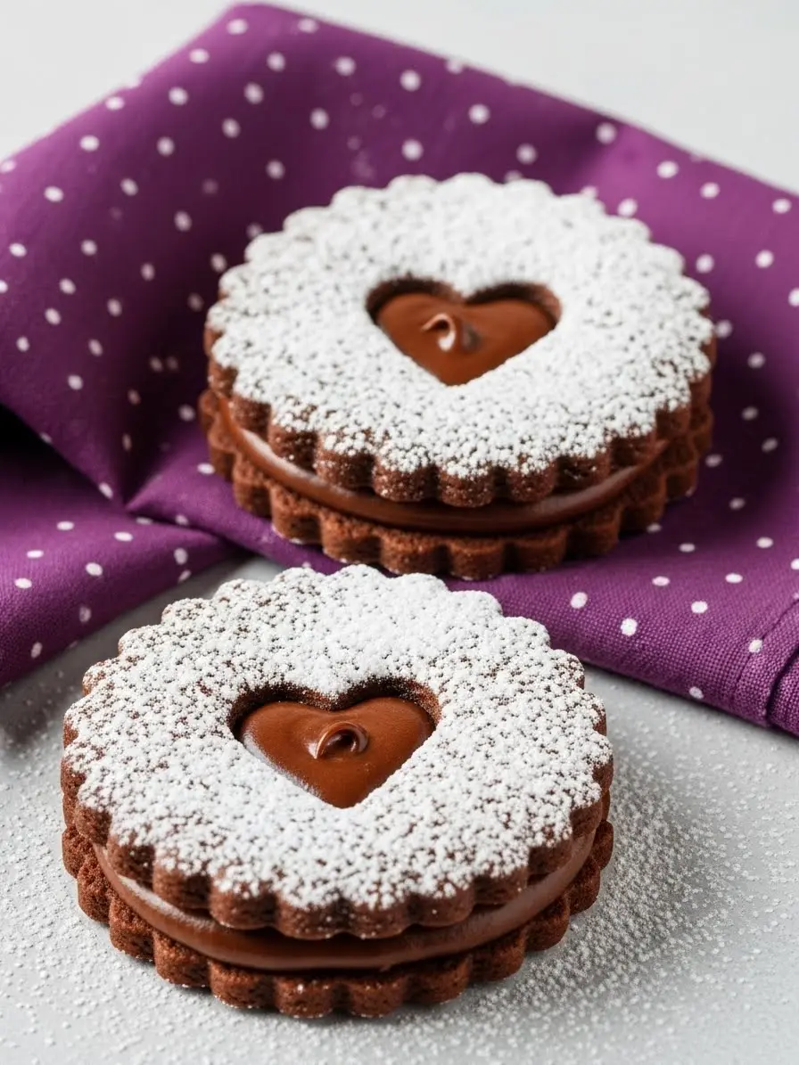 Two chocolate linzer cookies.