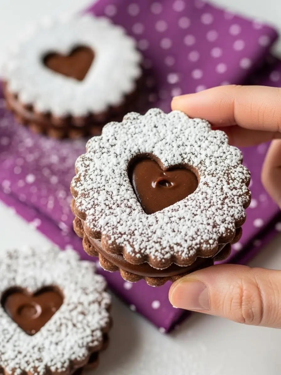 A hand holding a chocolate linzer cookie.