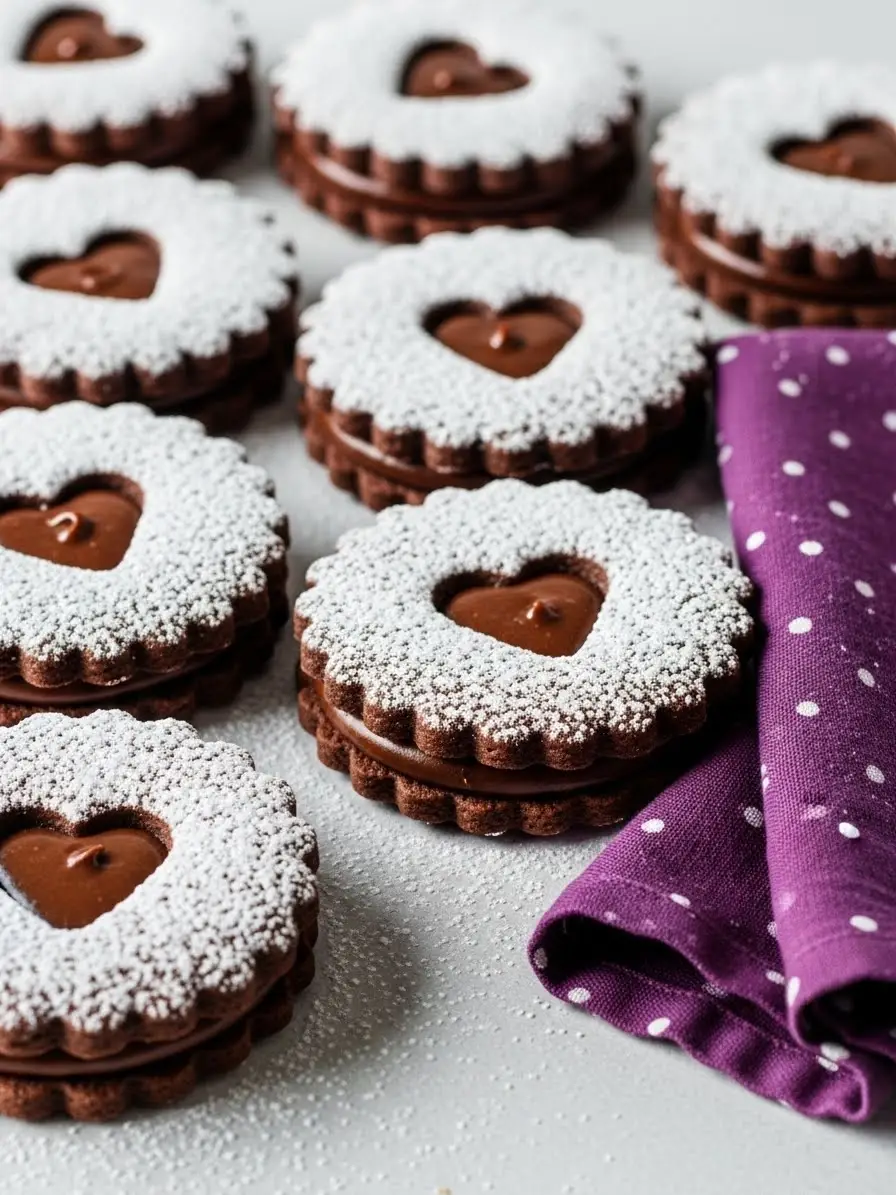 Chocolate linzer cookies on a light gray surface and a deep purple napkin beside them.
