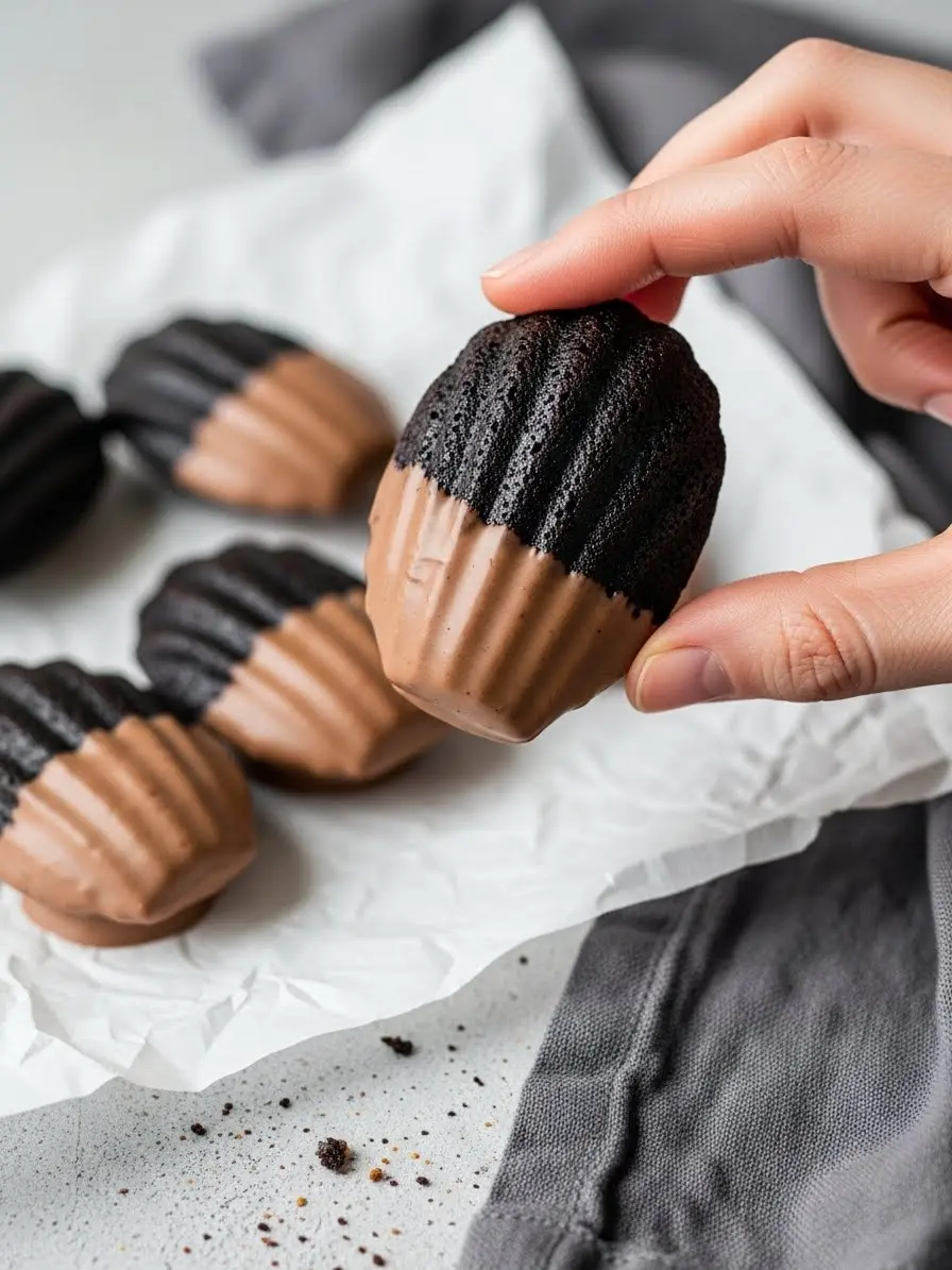 A hand holding a chocolate madeleine.