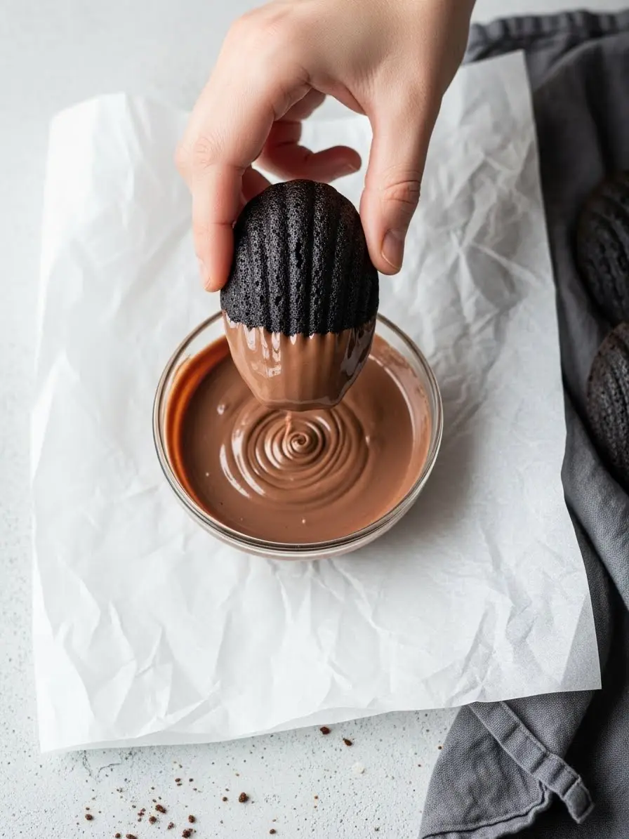 A hand holding a chocolate Madeleine and dipping it into melted chocolate.