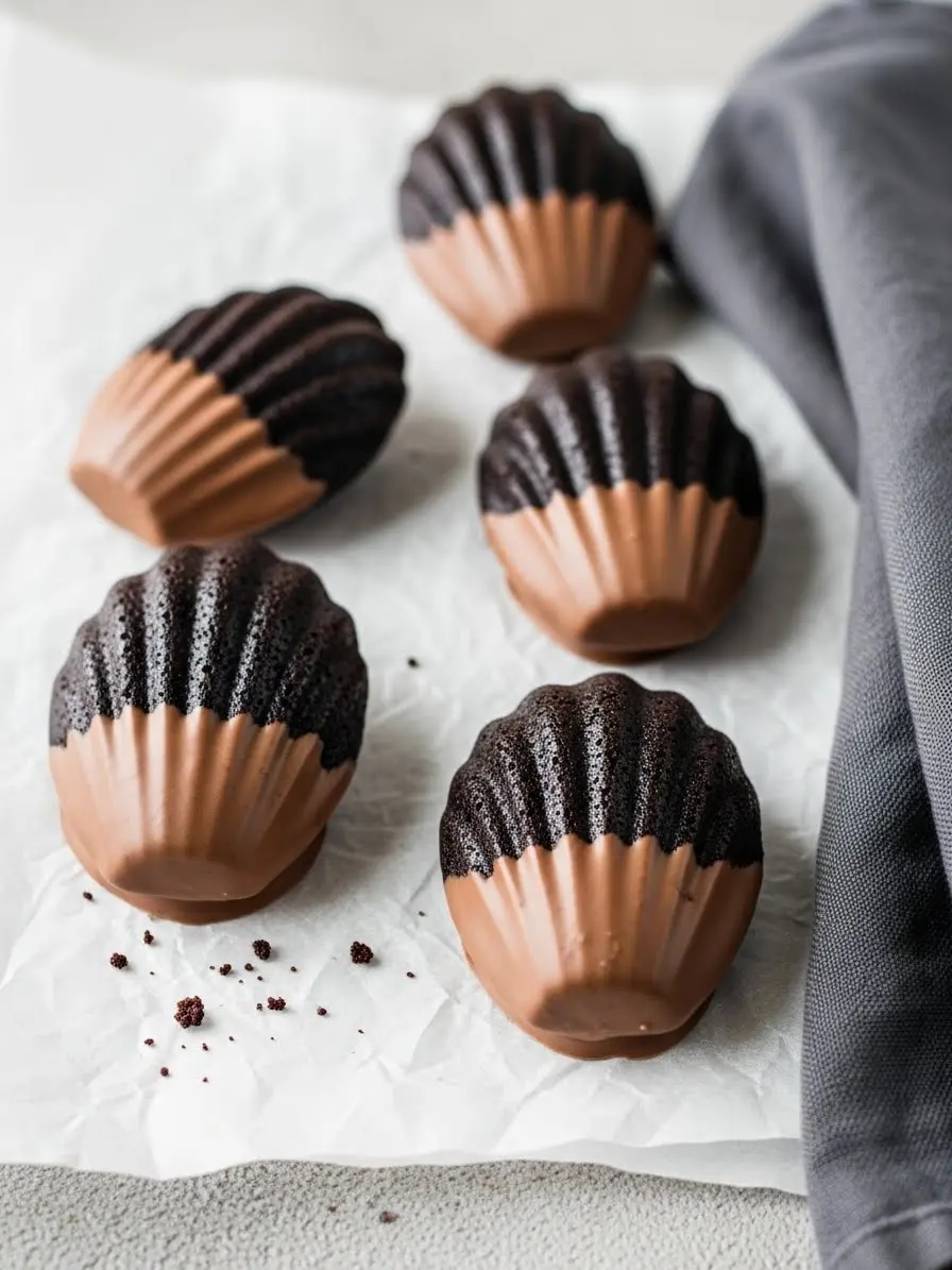 Chocolate Madeleines, half-dipped in milk chocolate placed on a parchment paper.