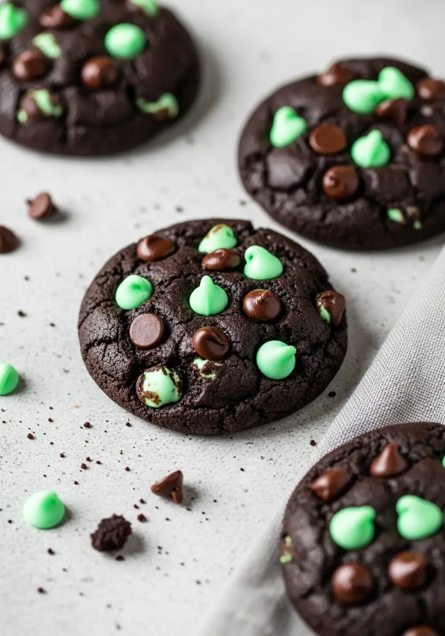 Chocolate mint cookies on a light gray surface.