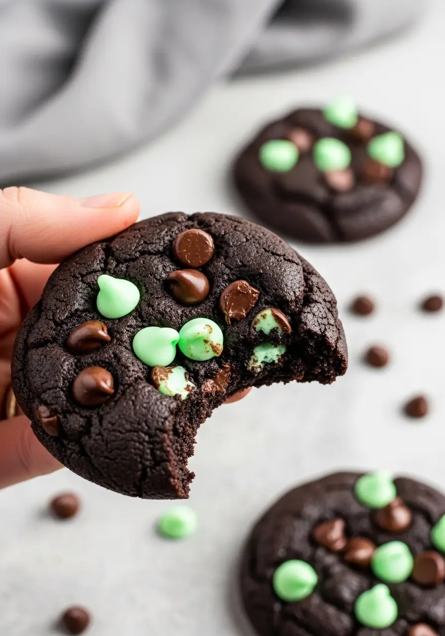 A hand holding a chocolate mint cookie with a bite missing.