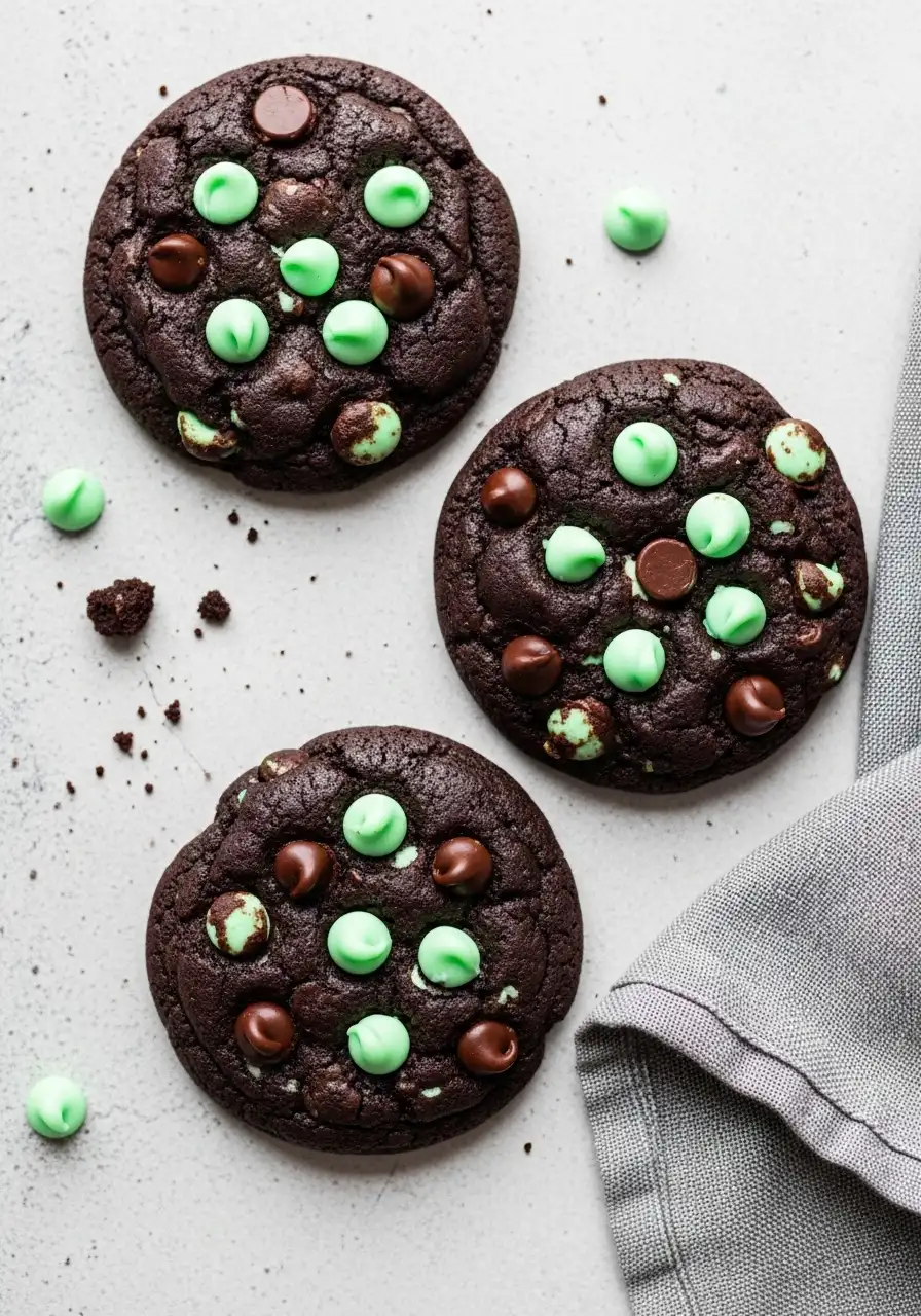 Three chocolate mint cookies on a light gray surface and a gray napkin beside.