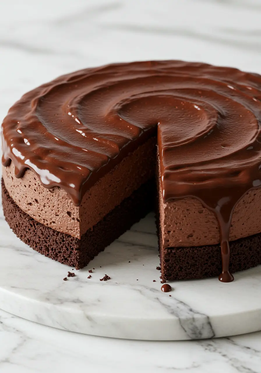 Chocolate mousse cake with a slice missing on flat white marble plate.