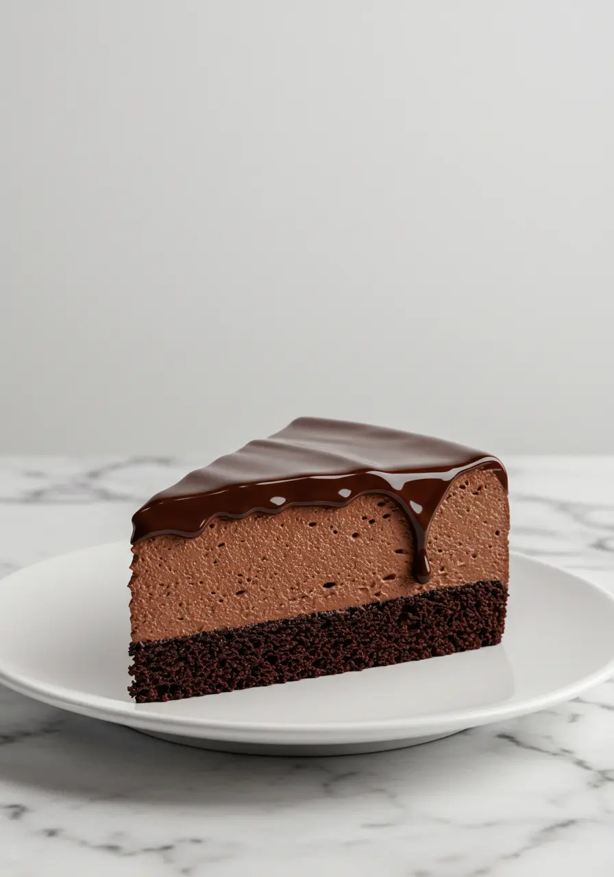 A slice of a chocolate mousse cake placed on a white plate.