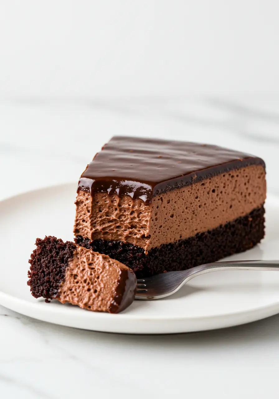 A slice of a chocolate mousse cake with a forkful bite taken out of it.