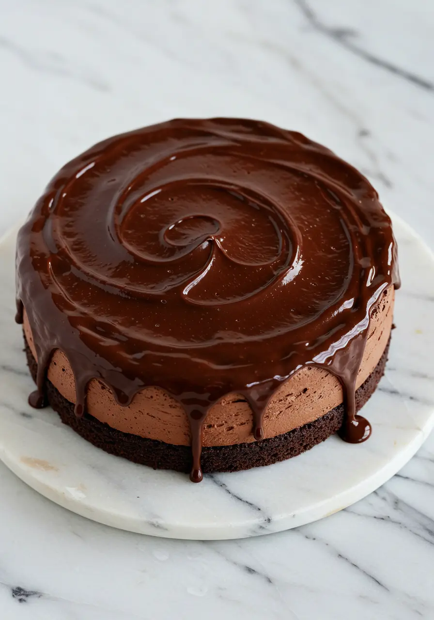 Chocolate mousse cake on flat white marble plate.