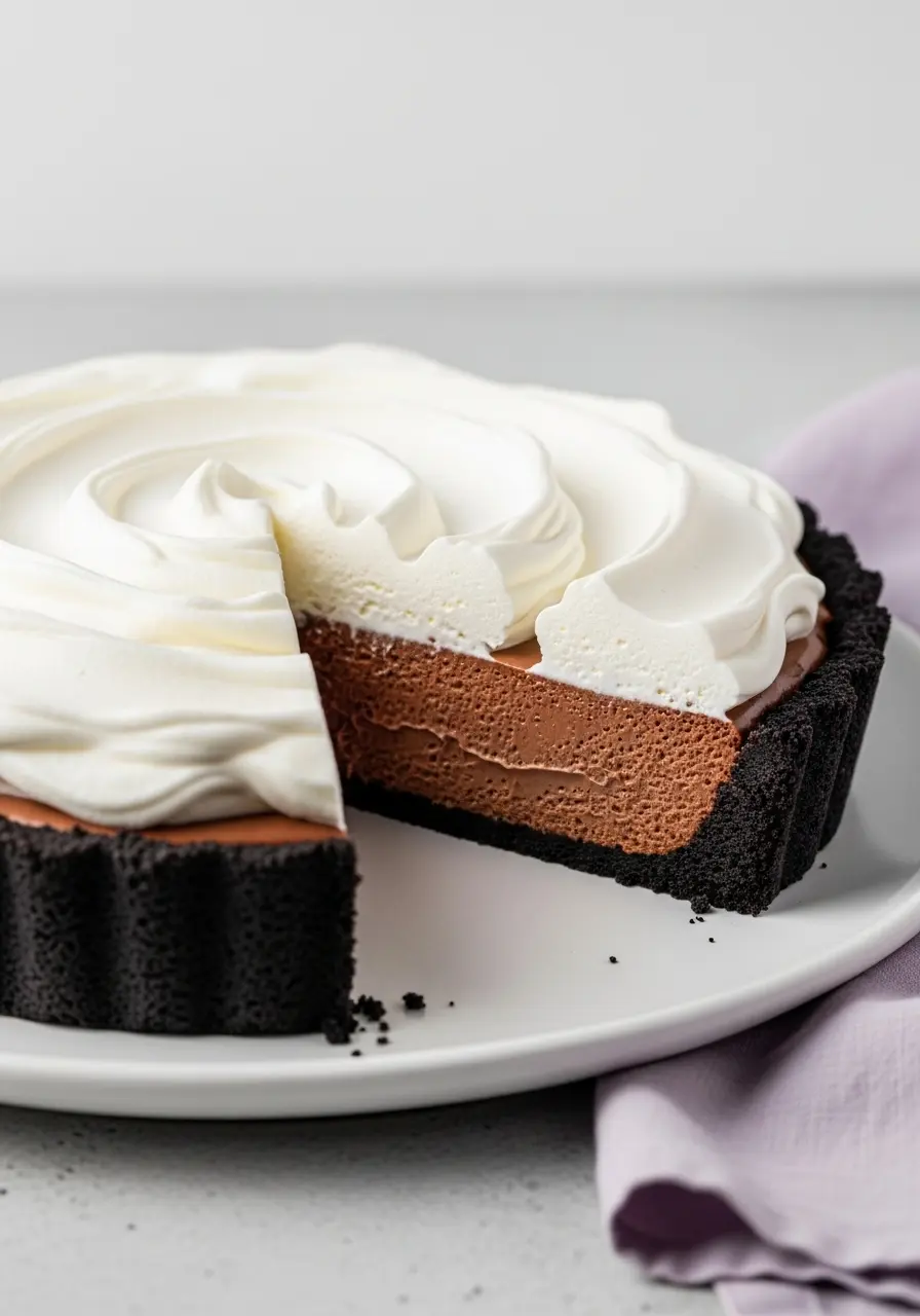 Chocolate mousse pie on a white plate with a slice missing.