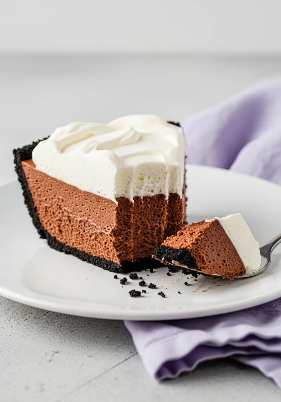 A slice of chocolate mousse pie with a forkful bite taken from it.