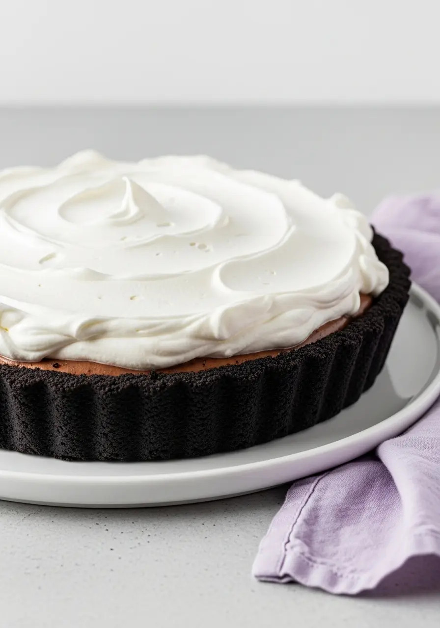 Chocolate mousse pie on a white plate topped with whipped cream.