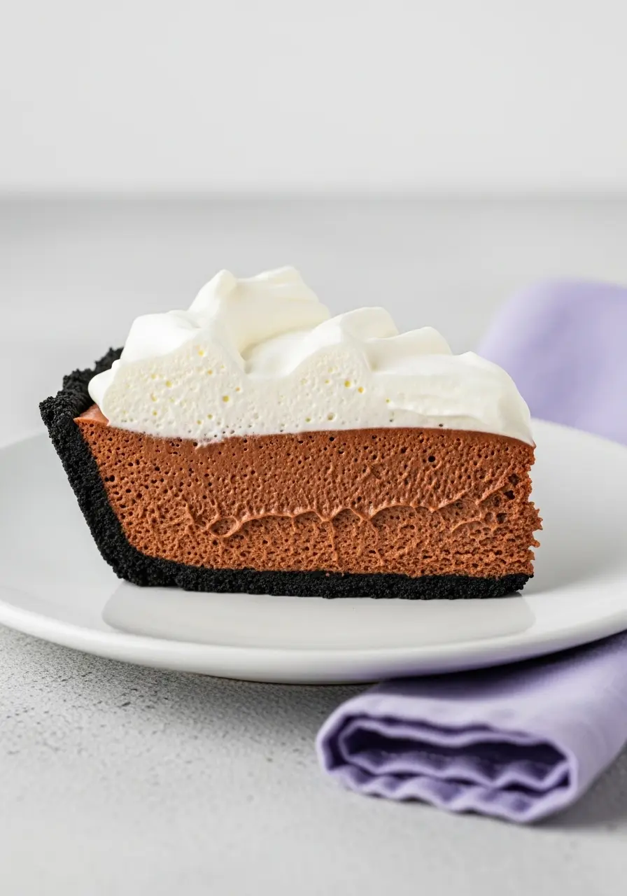 A slice of chocolate mousse pie on a white plate.