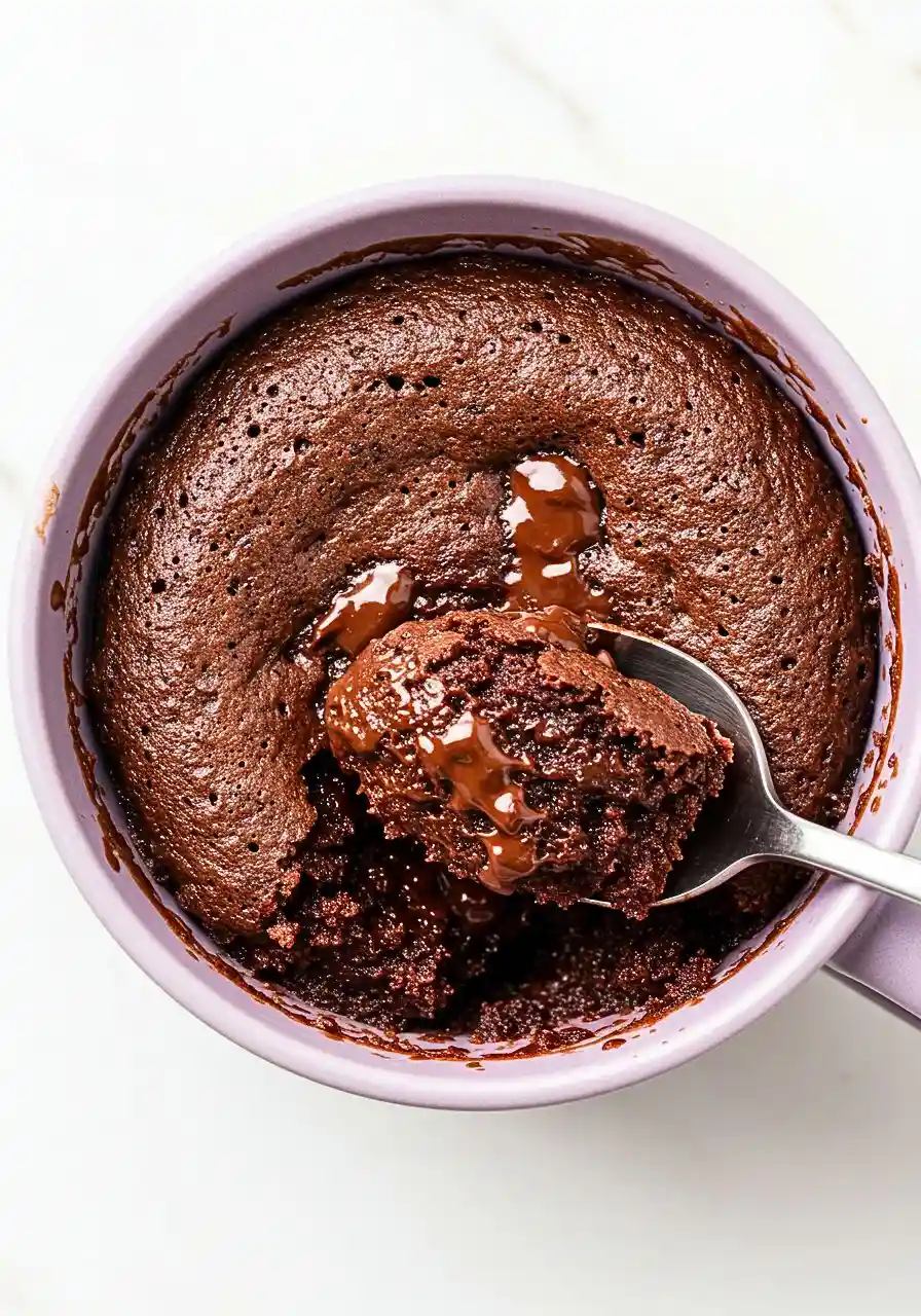 Chocolate Mug Cake on a light purple microwave-safe mug with a spoon o it.