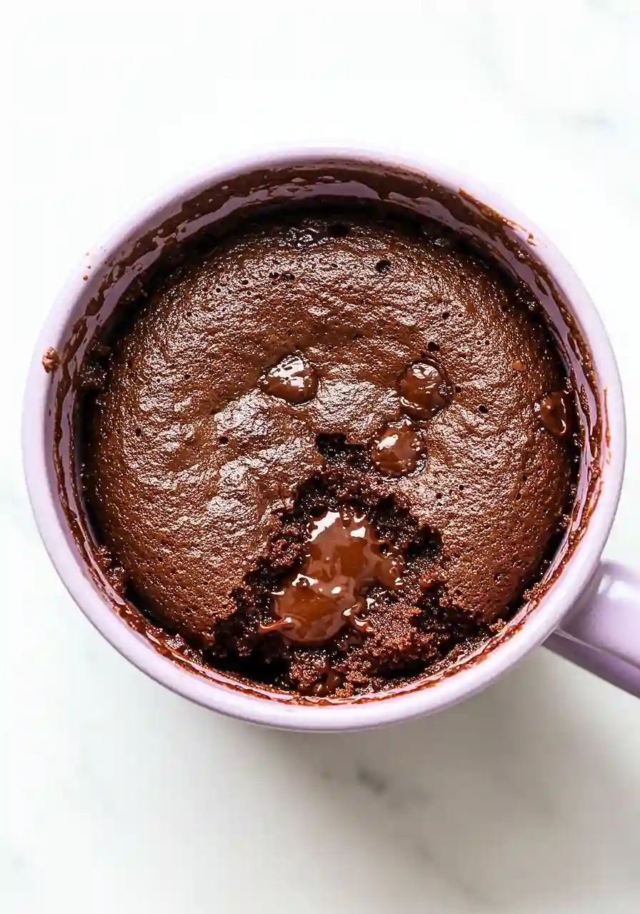 Chocolate Mug Cake on a light purple microwave-safe mug against a white marble surface.