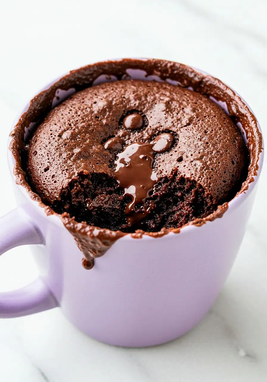 Chocolate Mug Cake on a light purple microwave-safe mug.